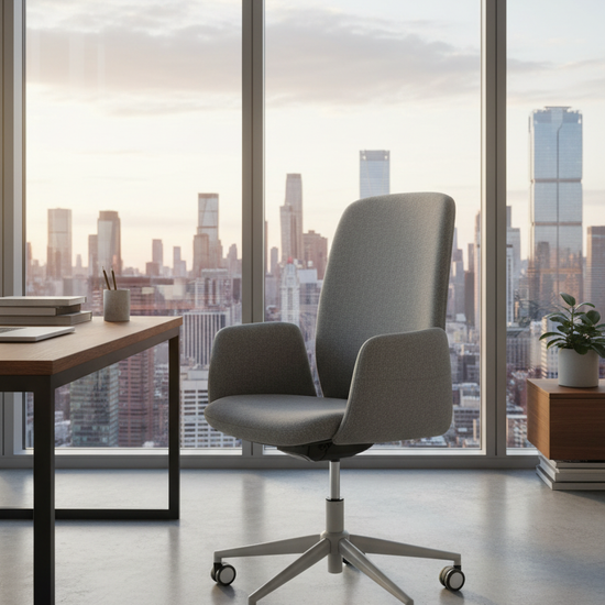 Cadeira British cinzenta em escritório com skyline urbano