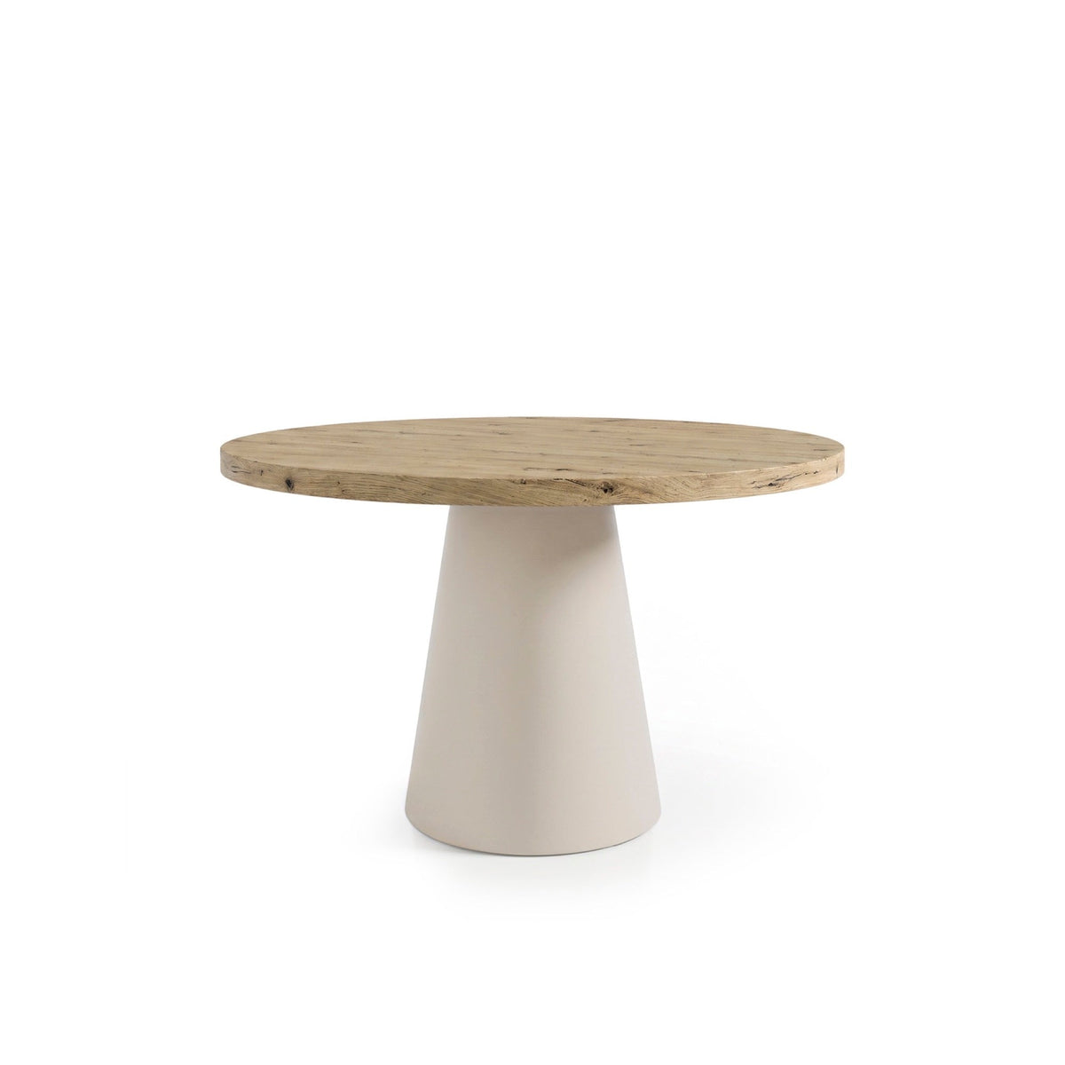 Mesa redonda Holly 120 cm com tampo efeito madeira e base bege