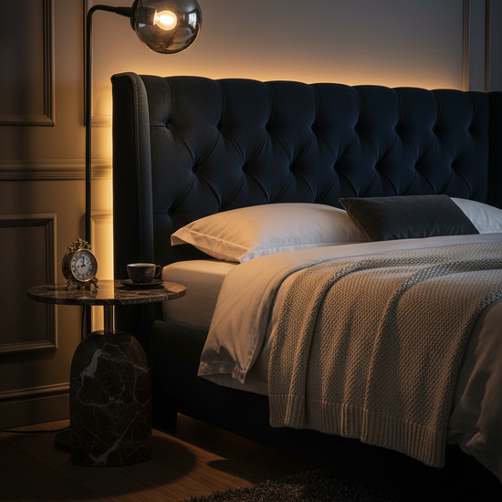 Candeeiro de pé GANDESA preto em quarto luxuoso com cabeceira em veludo e mesa de mármore