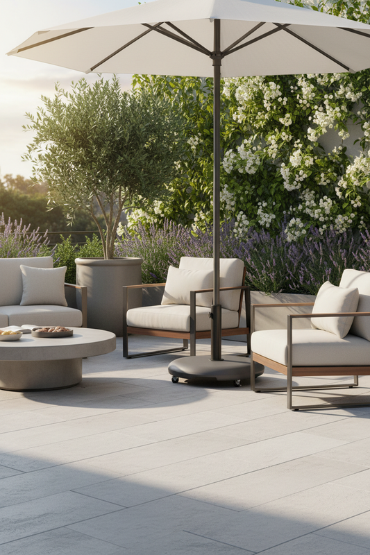 Base de guarda-sol em cimento com rodas em terraço exterior mediterrânico