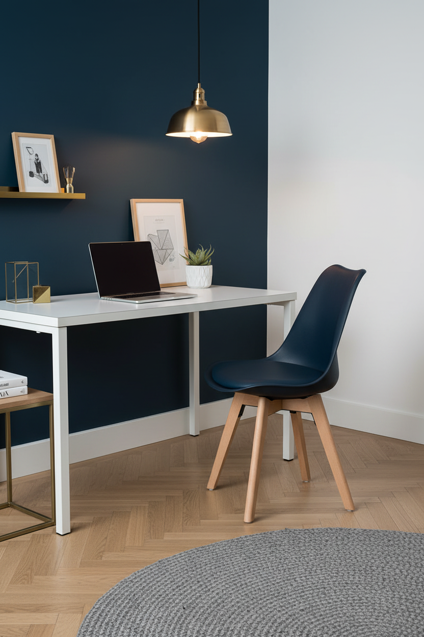 Cadeira Skagen Azul Escuro — home office sofisticado com parede navy e detalhes dourados