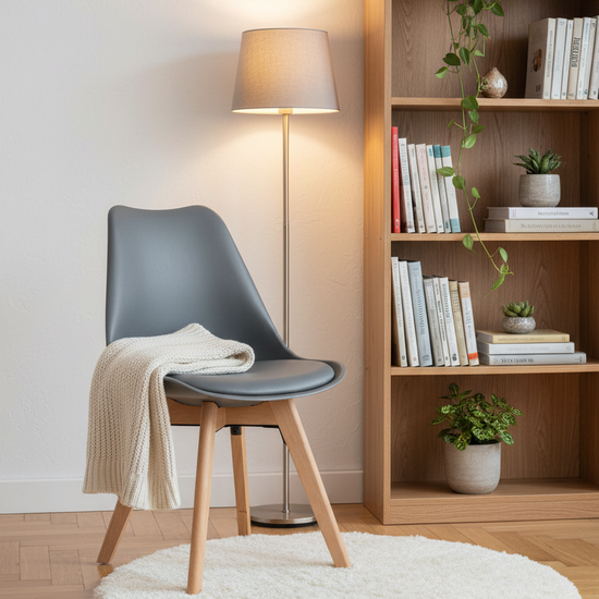 Cadeira Skagen Cinzento Escuro — sala de leitura acolhedora com estante e luz ambiente quente