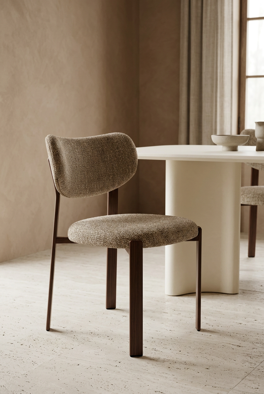 Cadeira Rumi Nogueira taupe em sala de jantar de estilo Japandi