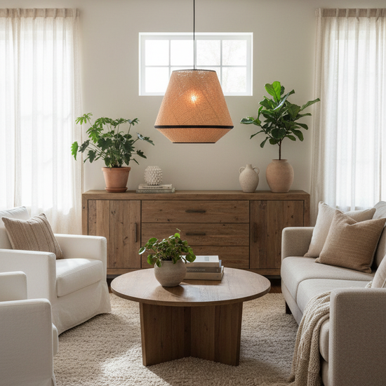 Candeeiro Suspenso Pinet suspenso no teto em ambiente de sala de estar boho-chic com luz quente e materiais naturais