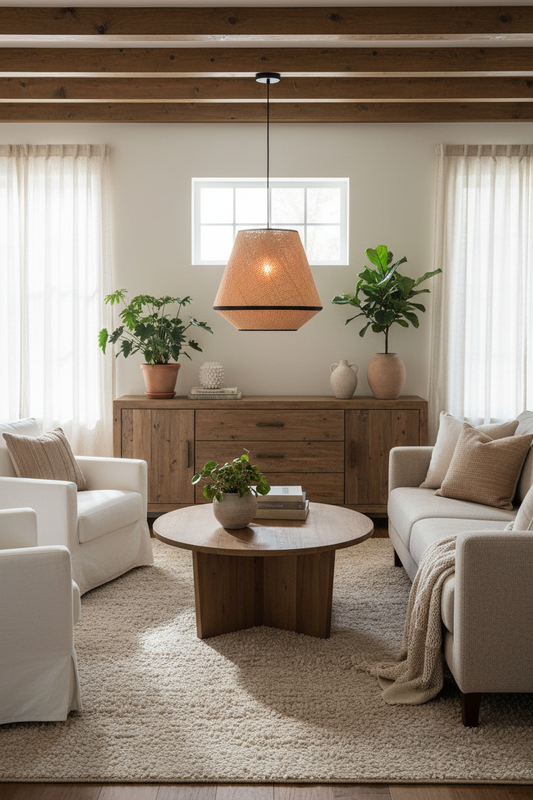 Candeeiro Suspenso Pinet suspenso no teto em ambiente de sala de estar boho-chic com luz quente e materiais naturais