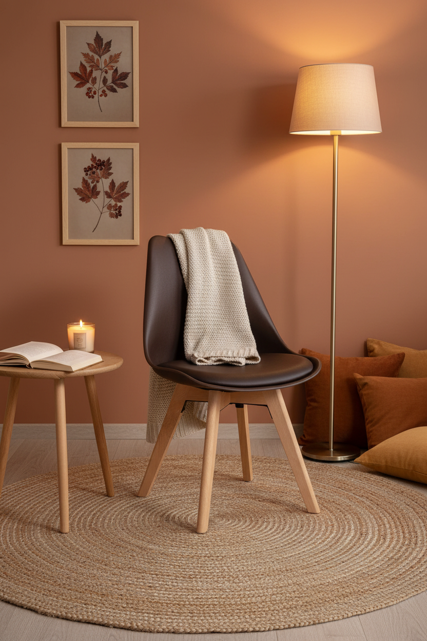 Cadeira Skagen Castanha — canto acolhedor hygge com mesa lateral em madeira e velas