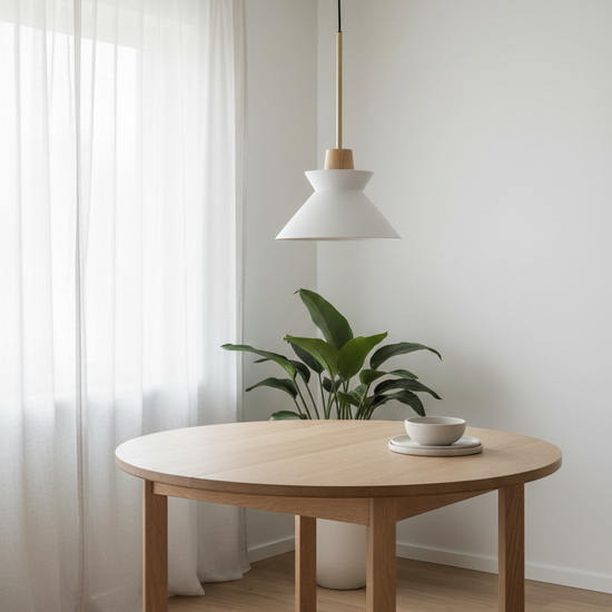 Candeeiro Suspenso CARCER em cimento branco e madeira natural em ambiente nórdico minimalista — mesa redonda em carvalho com luz natural