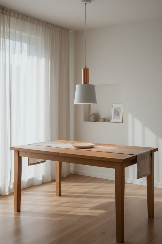 Candeeiro Suspenso MARCEN em ambiente nórdico — sala de jantar minimalista com mesa em carvalho e luz natural
