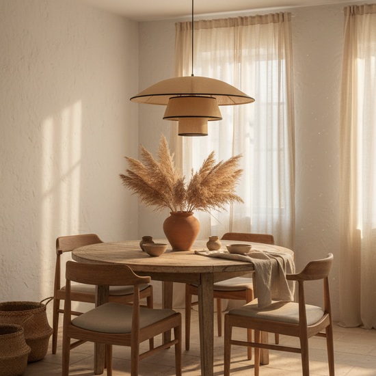 Candeeiro Suspenso Turon em ambiente boho mediterrânico com mesa de jantar, luz quente e decoração natural