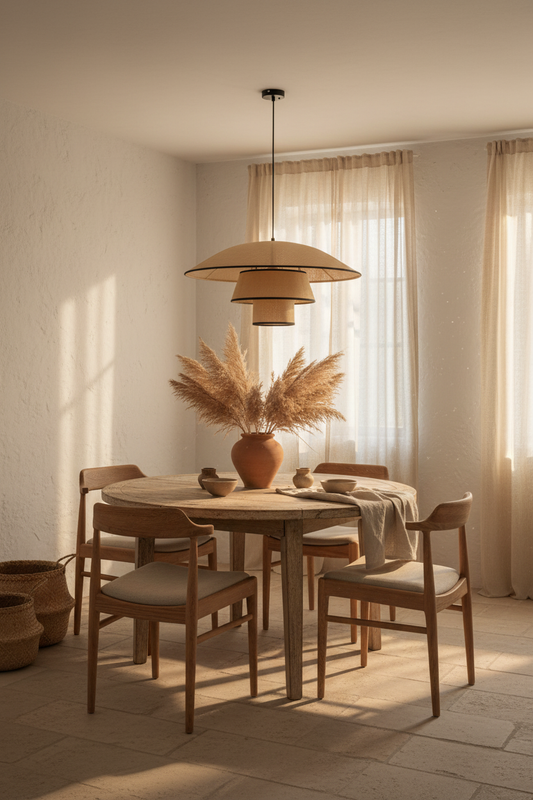 Candeeiro Suspenso Turon em ambiente boho mediterrânico com mesa de jantar, luz quente e decoração natural