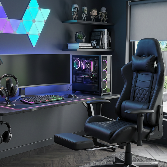 Cadeira gaming preta com apoio de pés em ambiente dark com iluminação RGB