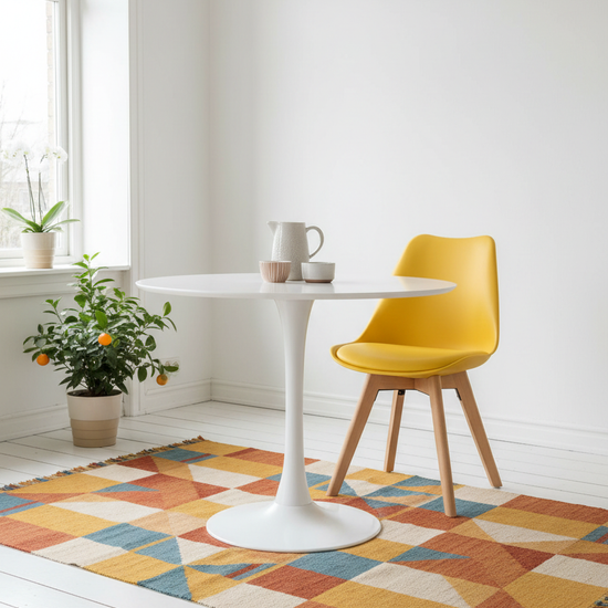 Cadeira Skagen Amarela — sala de jantar alegre e luminosa com planta de citrinos