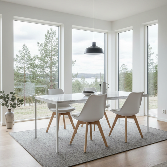 Cadeira Skagen Branca — sala de jantar nórdica moderna com mesa de mármore branco