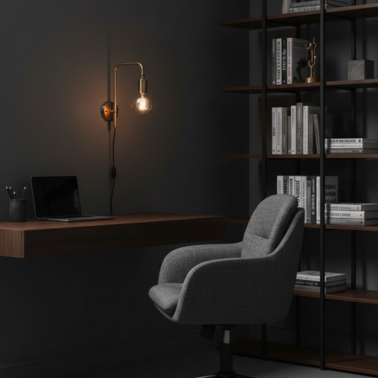 Cadeira de escritório Ontario cinzento escuro em home office sofisticado, secretária nogueira e candeeiro Edison - Dudeco