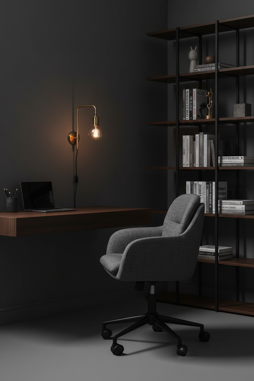Cadeira de escritório Ontario cinzento escuro em home office sofisticado, secretária nogueira e candeeiro Edison - Dudeco
