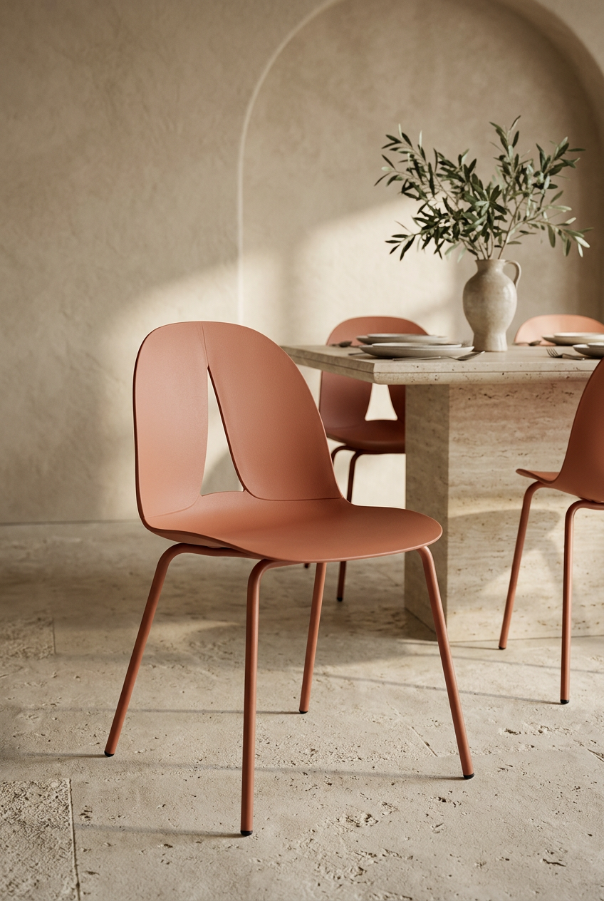Cadeira Arwen terracota em sala de jantar de estilo mediterrânico