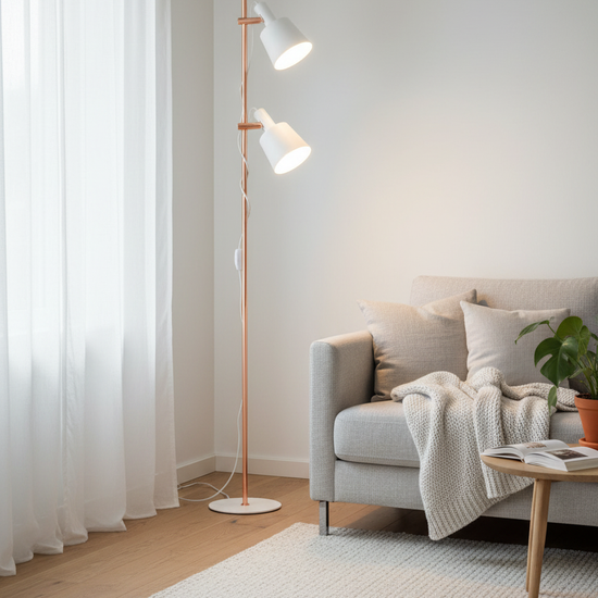 Candeeiro de Pé Pasula branco e cobre em sala de estar nórdica