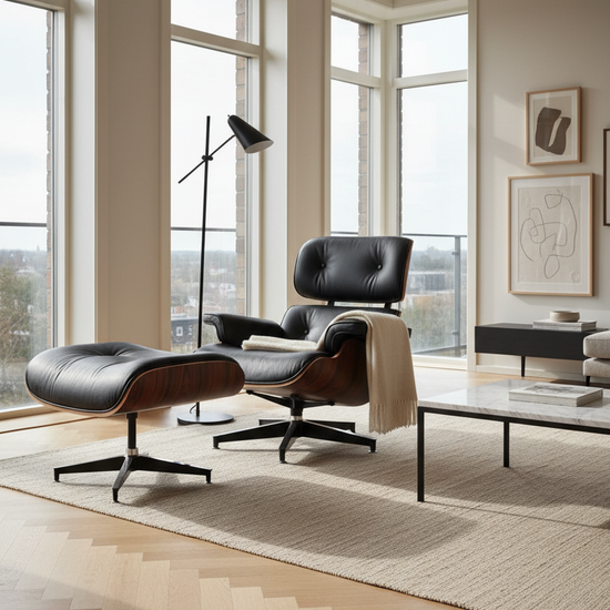 Poltrona Roterdão Preta — ambiente sala de estar moderna e sofisticada, inspirada na Eames Lounge Chair, pele natural e madeira de pau rosa
