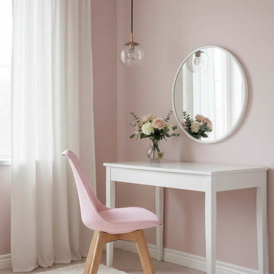 Cadeira Skagen Rosa — quarto romântico nórdico com toucador branco e flores