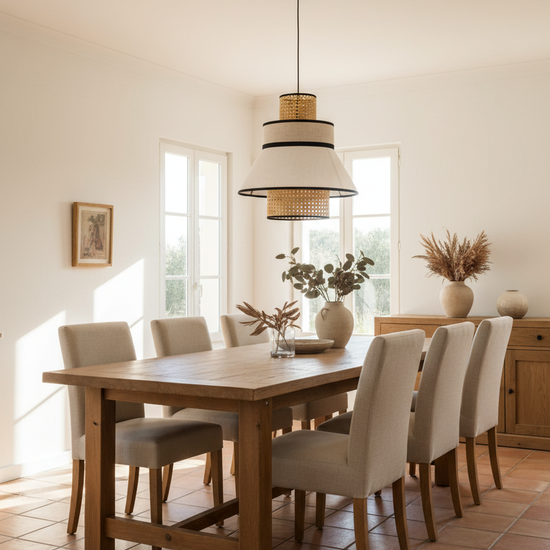 Candeeiro Suspenso NERJA em rattan e tecido branco em ambiente mediterrâneo boho — sala de jantar com pavimento terracota e luz natural