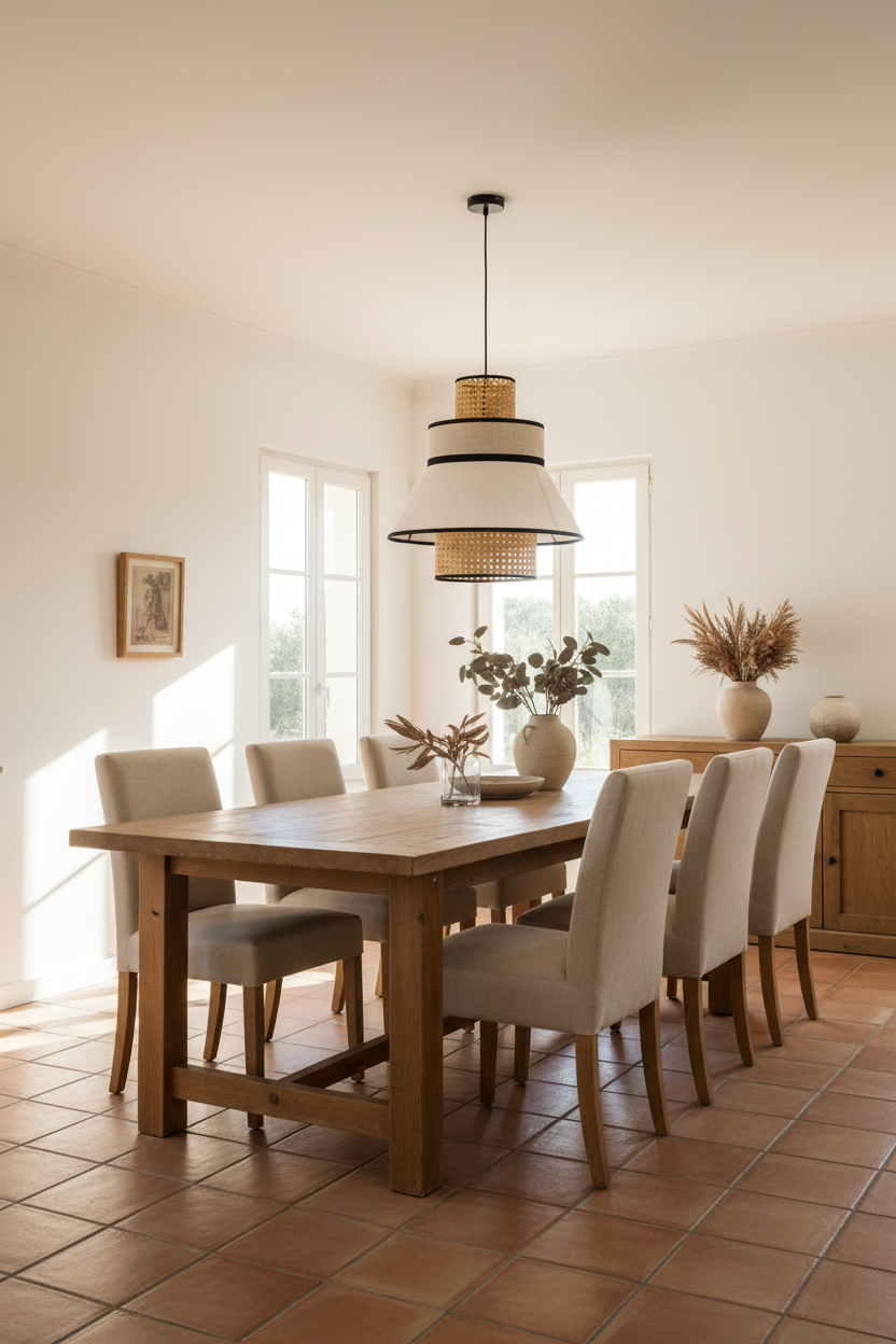 Candeeiro Suspenso NERJA em rattan e tecido branco em ambiente mediterrâneo boho — sala de jantar com pavimento terracota e luz natural