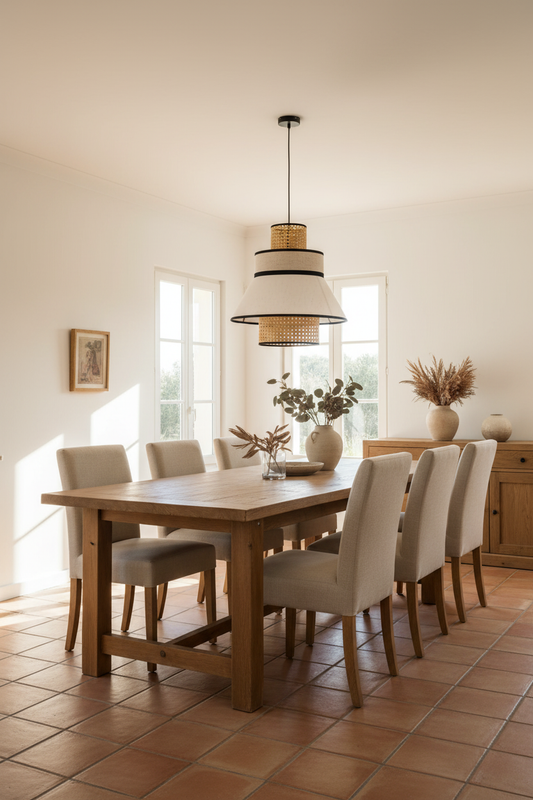 Candeeiro Suspenso NERJA em rattan e tecido branco em ambiente mediterrâneo boho — sala de jantar com pavimento terracota e luz natural