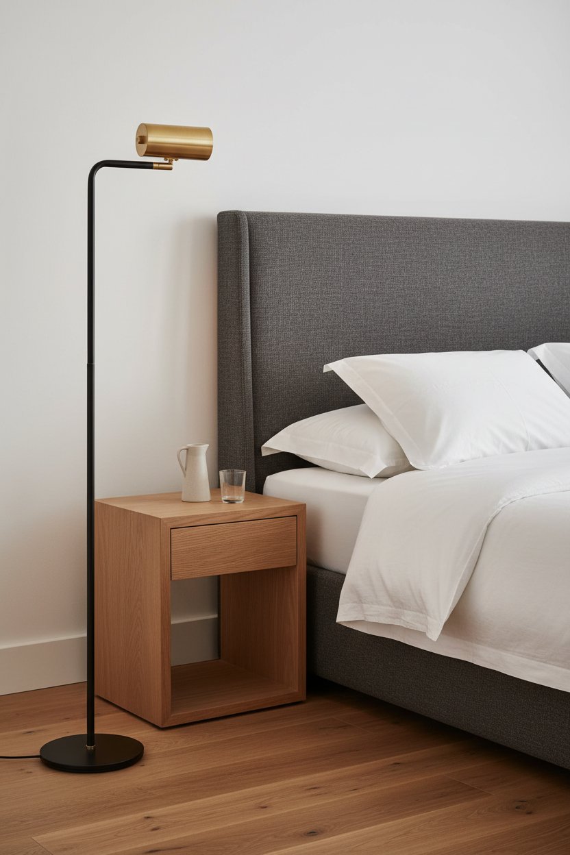 Candeeiro de pé preto em quarto contemporâneo sofisticado com cabeceira em linho carvão e roupa de cama branca