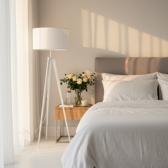 Candeeiro de pé branco em quarto elegante estilo boutique hotel com roupa de cama em linho