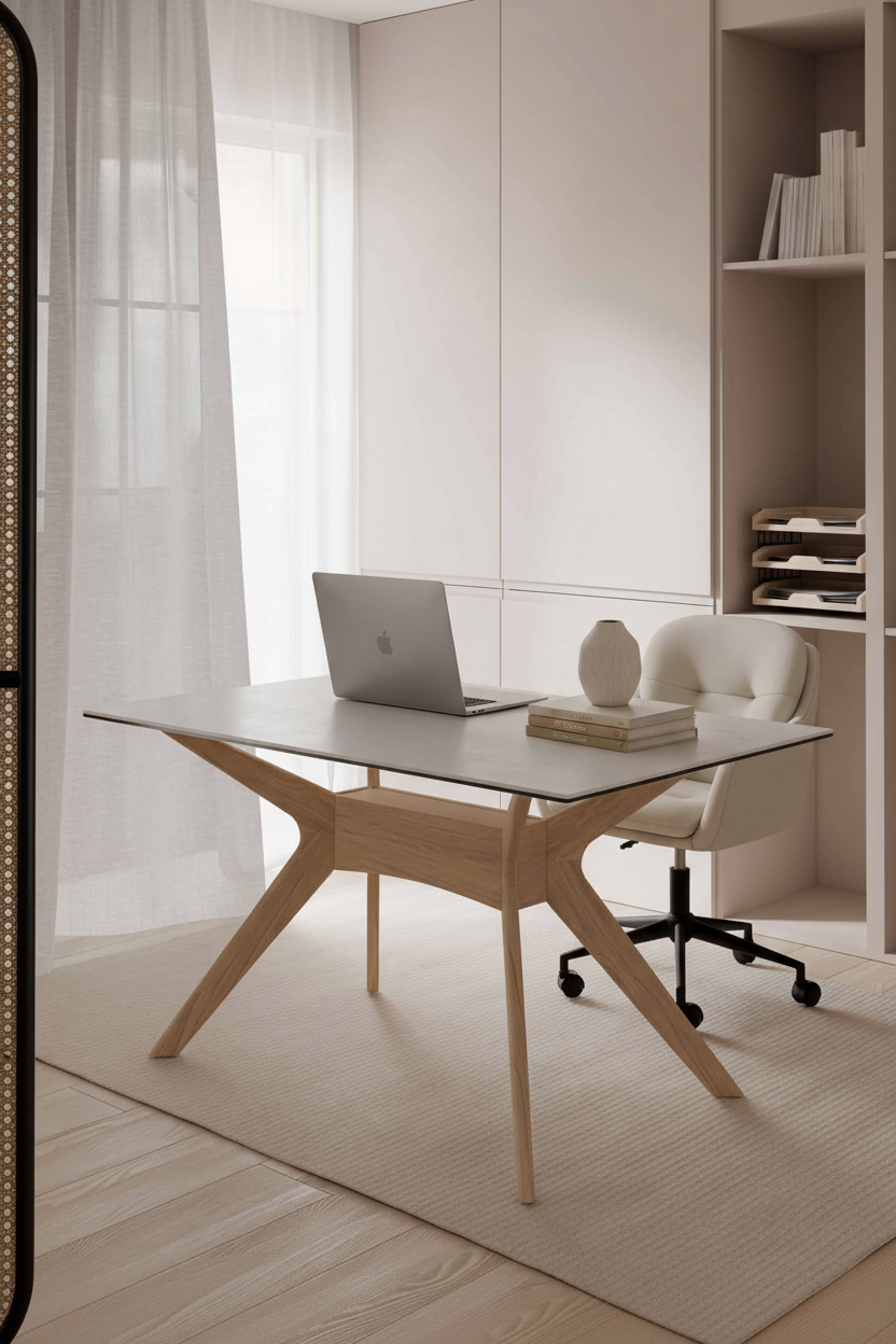 Cadeira de escritório Ontario bege em home office Japandi, secretária carvalho claro e vaso cerâmico - Dudeco