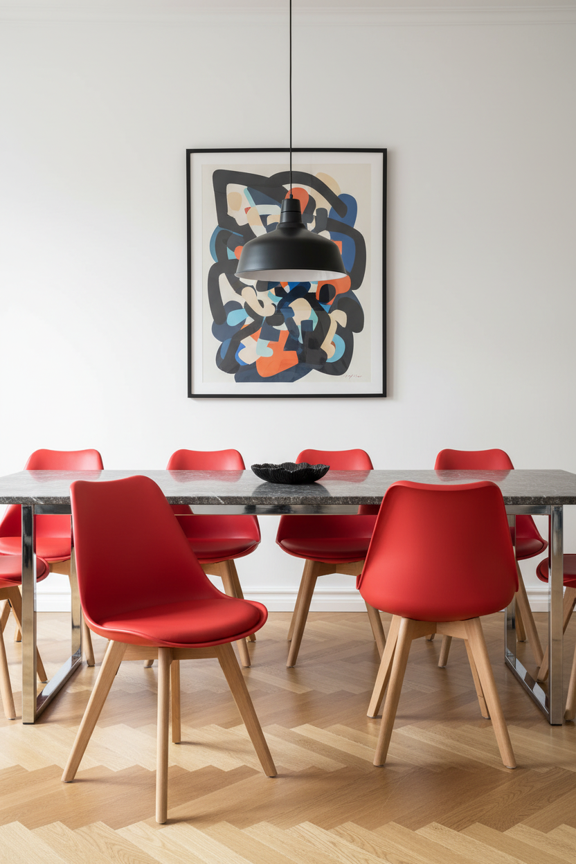 Cadeira Skagen Vermelha — sala de jantar arrojada com mesa de mármore escuro e arte abstrata