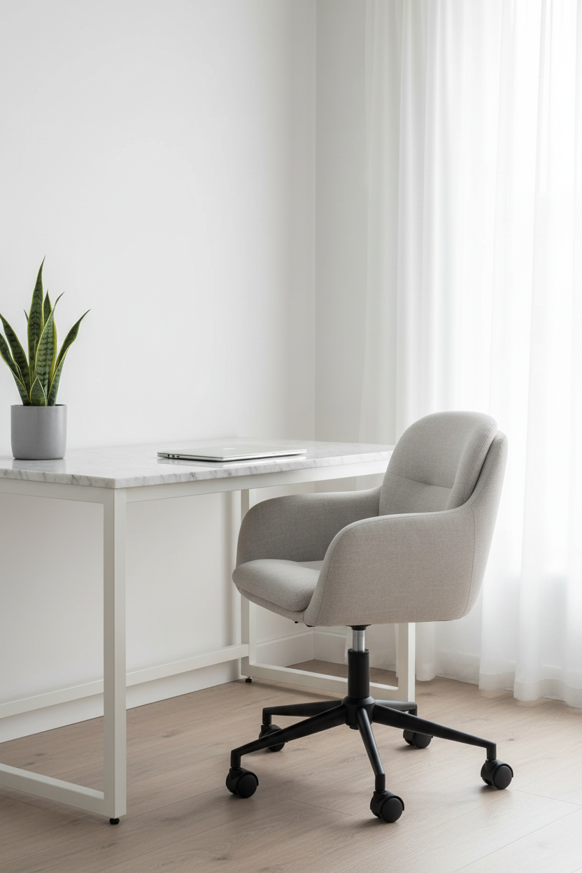 Cadeira de escritório Ontario cinzento claro em home office nórdico, secretária mármore branco e luz natural - Dudeco