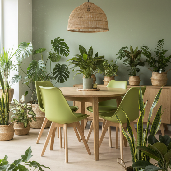 Cadeira Skagen Verde — sala de jantar botânica com plantas interiores e candeeiro em rattan
