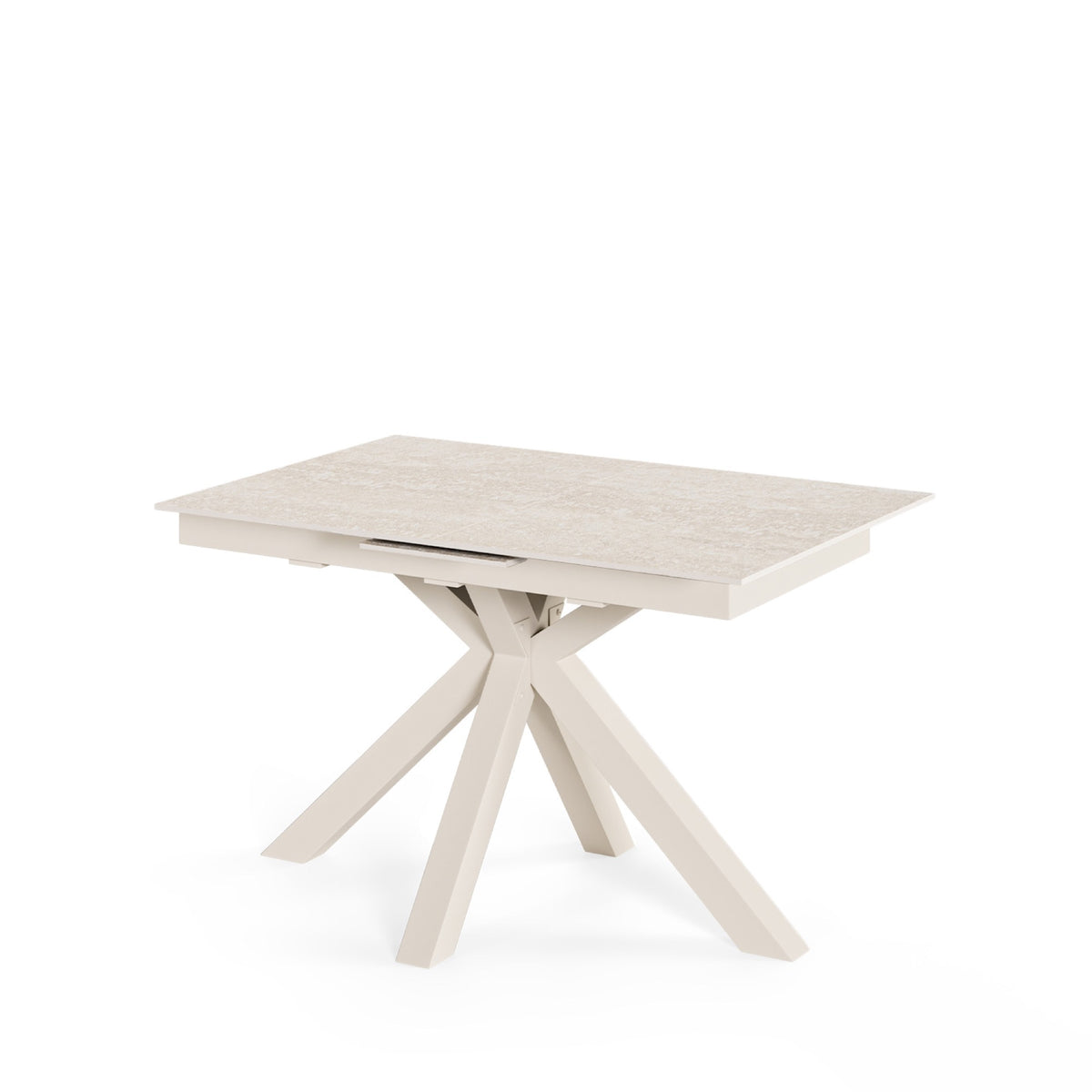 Mesa extensível Lori 160 cm travertino com tampo em porcelana e pés metálicos em X