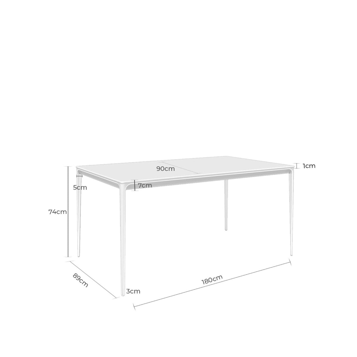 Mesa Arya 180 branco – esquema com as medidas