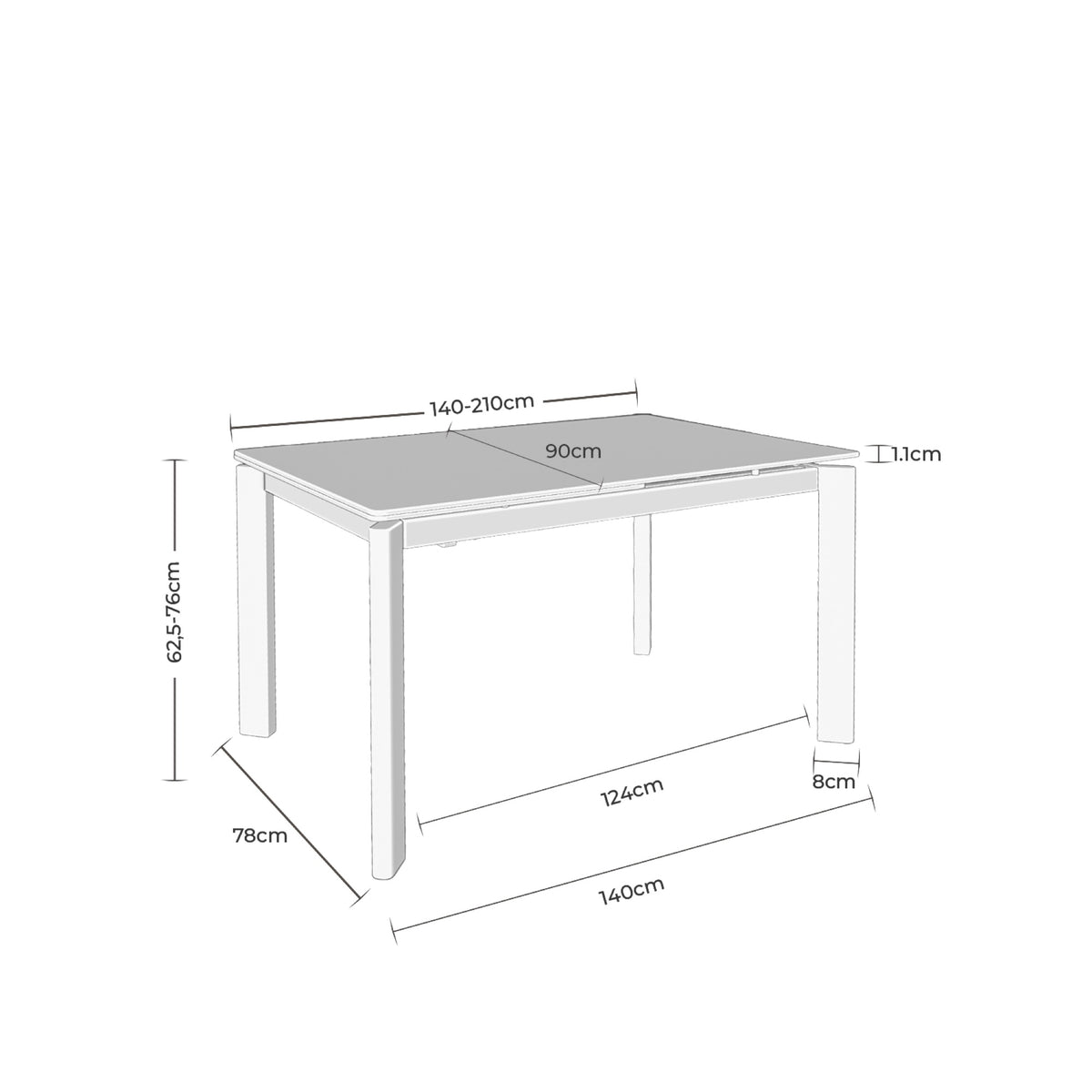 Mesa Constance 140 Extensível Preto – esquema com as medidas
