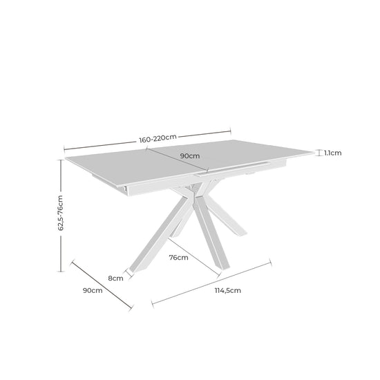 Mesa Lori 160 Extensível – esquema com as medidas