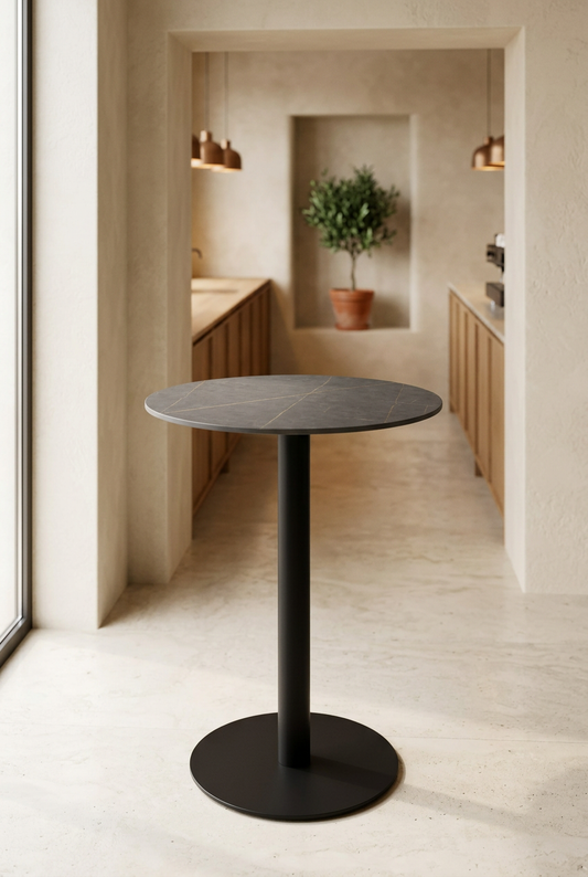 Mesa Lya com tampo cinzento em ambiente de cafetaria