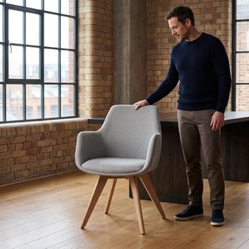 Sharon cinzento com pessoa em ambiente industrial