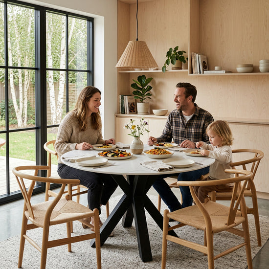 Round Fiorella 120 cm table in Clay – setting with a family having dinner
