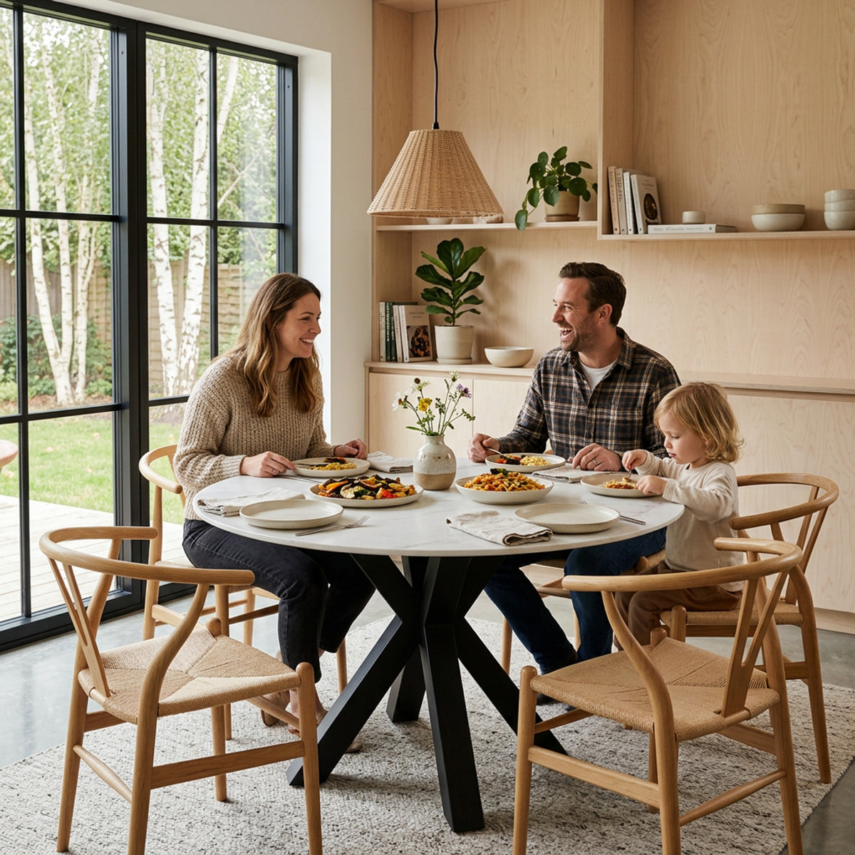 Round Fiorella 120 cm table in Clay – setting with a family having dinner