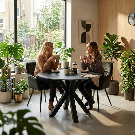 Round Fiorella 120 cm table in Sahara – setting with two friends chatting